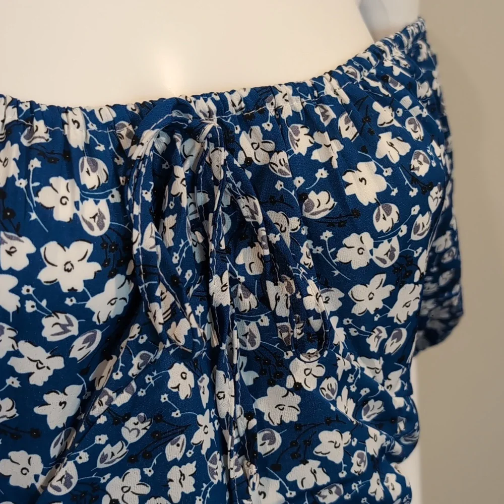 SHEIN Blue And White Floral Off Shoulder Tie Bust Ruched Front Mini Dress Large